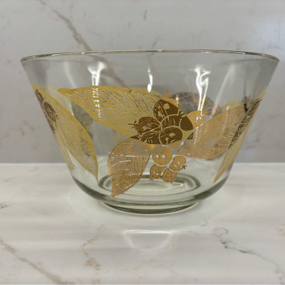 Vintage MCM Hollywood Regency Large Glass Serving Bowl 1960 Anchor Hocking Gold